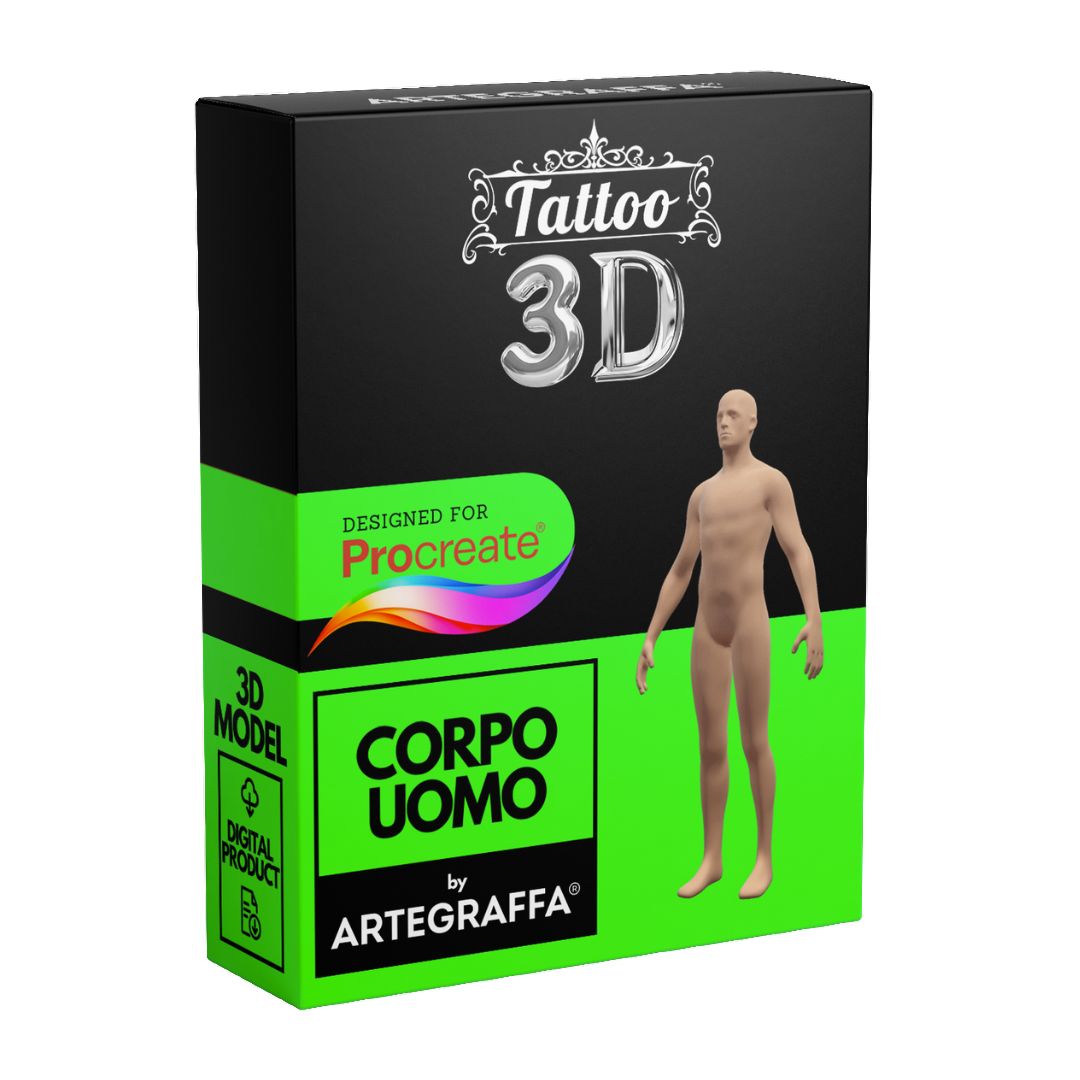 3D Model Procreate tattoo Standard – Bundle pack UOMO - <strong>7 ModellI 3D Procreate per Simulare l'anteprima interattiva del tatuaggio</strong><br><br><strong>MODELLI <strong>COMPRESI</strong>:</strong><br><br> • <strong>Testa</strong><br> • <strong>Braccio uomo Dx</strong><br> • <strong>Braccio uomo Sx</strong><br> • <strong>Gamba uomo Dx</strong><br> • <strong>Gamba uomo Sx</strong><br> • <strong>Busto uomo</strong><br> • <strong>Corpo completo uomo</strong><br><br> • <strong>7 livelli Colore</strong> della pelle<br> • <strong>1 livello righello</strong> per squadratura stancil<br> • <strong>1 livello Texture 2D</strong> realistica<br> • <strong>Importa o disegna</strong> il tuo progetto<br> • <strong>Compatibile con Procreate</strong> App (disponibile solo per <strong>Apple iPad</strong>)<br> • <strong>Prodotto digitale</strong> pronto al download<br> • <strong>Facile da installare</strong> su Procreate<br> • <a href="https://www.artegraffa.it/installazione-del-prodotto/"><strong>Istruzioni d'installazione</strong></a>