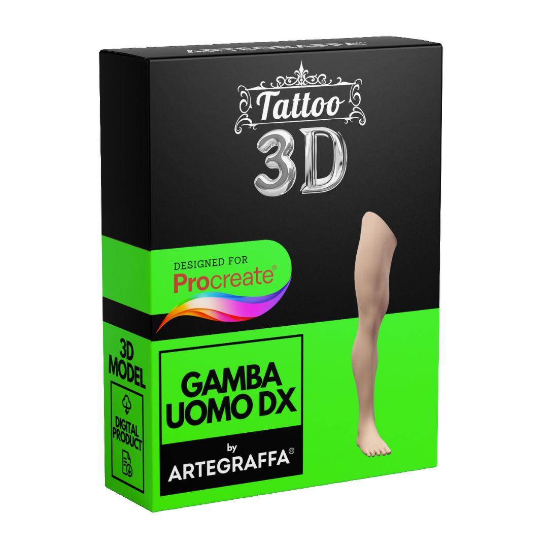 3D Model Procreate tattoo Standard – Bundle pack UOMO - <strong>7 ModellI 3D Procreate per Simulare l'anteprima interattiva del tatuaggio</strong><br><br><strong>MODELLI <strong>COMPRESI</strong>:</strong><br><br> • <strong>Testa</strong><br> • <strong>Braccio uomo Dx</strong><br> • <strong>Braccio uomo Sx</strong><br> • <strong>Gamba uomo Dx</strong><br> • <strong>Gamba uomo Sx</strong><br> • <strong>Busto uomo</strong><br> • <strong>Corpo completo uomo</strong><br><br> • <strong>7 livelli Colore</strong> della pelle<br> • <strong>1 livello righello</strong> per squadratura stancil<br> • <strong>1 livello Texture 2D</strong> realistica<br> • <strong>Importa o disegna</strong> il tuo progetto<br> • <strong>Compatibile con Procreate</strong> App (disponibile solo per <strong>Apple iPad</strong>)<br> • <strong>Prodotto digitale</strong> pronto al download<br> • <strong>Facile da installare</strong> su Procreate<br> • <a href="https://www.artegraffa.it/installazione-del-prodotto/"><strong>Istruzioni d'installazione</strong></a>