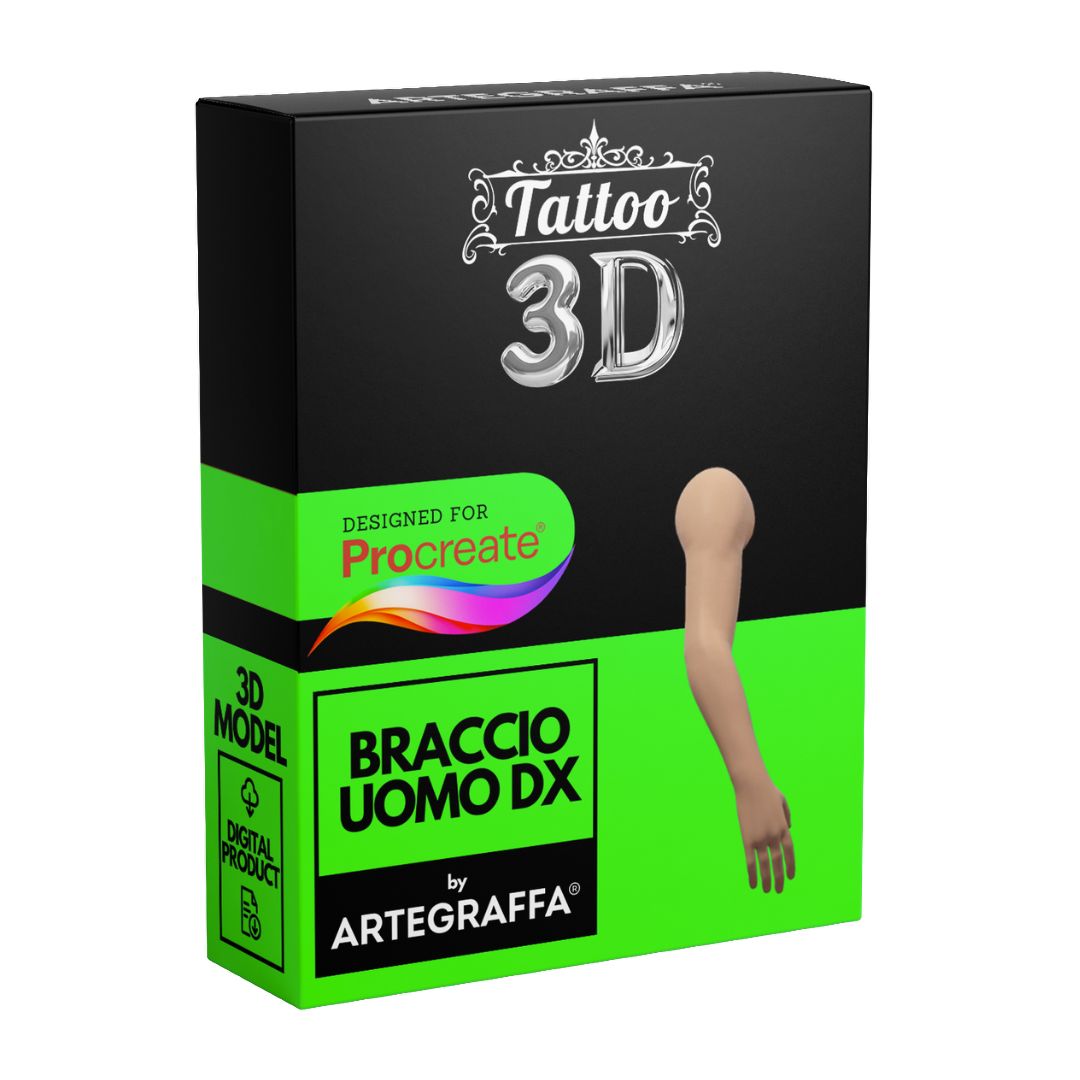 3D Model Procreate tattoo Standard – Bundle pack UOMO - <strong>7 ModellI 3D Procreate per Simulare l'anteprima interattiva del tatuaggio</strong><br><br><strong>MODELLI <strong>COMPRESI</strong>:</strong><br><br> • <strong>Testa</strong><br> • <strong>Braccio uomo Dx</strong><br> • <strong>Braccio uomo Sx</strong><br> • <strong>Gamba uomo Dx</strong><br> • <strong>Gamba uomo Sx</strong><br> • <strong>Busto uomo</strong><br> • <strong>Corpo completo uomo</strong><br><br> • <strong>7 livelli Colore</strong> della pelle<br> • <strong>1 livello righello</strong> per squadratura stancil<br> • <strong>1 livello Texture 2D</strong> realistica<br> • <strong>Importa o disegna</strong> il tuo progetto<br> • <strong>Compatibile con Procreate</strong> App (disponibile solo per <strong>Apple iPad</strong>)<br> • <strong>Prodotto digitale</strong> pronto al download<br> • <strong>Facile da installare</strong> su Procreate<br> • <a href="https://www.artegraffa.it/installazione-del-prodotto/"><strong>Istruzioni d'installazione</strong></a>